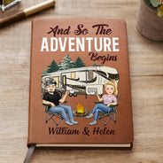 Gift For Husband,Gift For Couples,Gift For Wife,Gift For Boyfriend,Gift For Girlfriend,Camping,Campsite,Happy - The Adventure Book Cartoon Couple Camping - Personalized Leather Journal