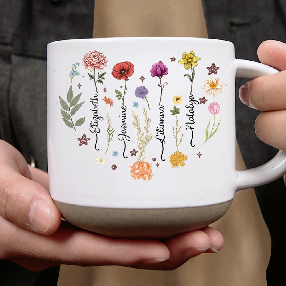 Gift For Mother, Gift For Grandma, Gift For Women, Happy - Birth Month Flower Heart - Personalized Pottery Mug