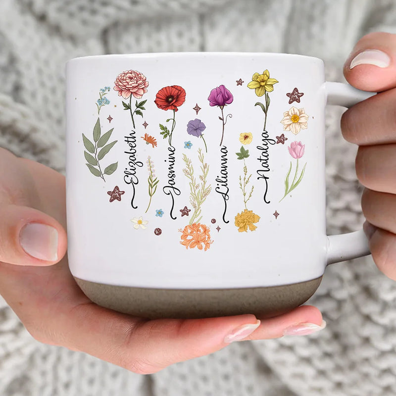 Gift For Mother, Gift For Grandma, Gift For Women, Happy - Birth Month Flower Heart - Personalized Pottery Mug