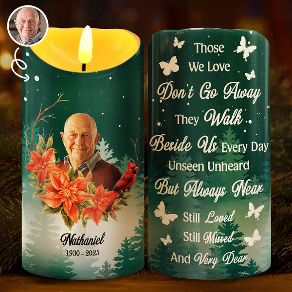 Sad,Christmas,Family,Memorial,Parents,Gift For Grandparents - Custom Photo Those We Love Don't Go Away They Walk Beside Us - Personalized Flameless LED Candle