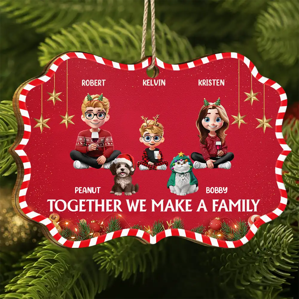 Family,Gift For Women,Gift For Men,Gift For Wife,Gift For Husband,Gift For Grandpa,Gift For Grandma,Gift For Daughter,Gift For Son,Gift For Grandparents,Gift For Grandkids,Christmas,Happy - Together We Make A Family 3D Effect Christmas - Personalized Medallion Wooden Ornament