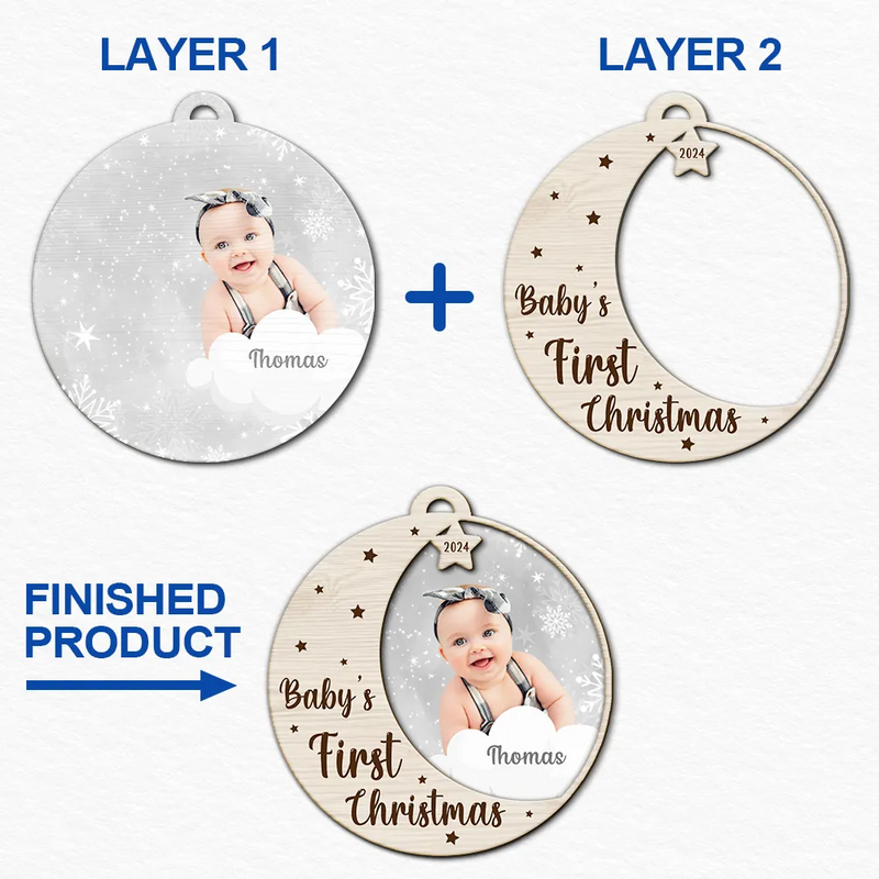 Custom Photo New Baby's First Christmas - Personalized 2-Layered Wooden Ornament