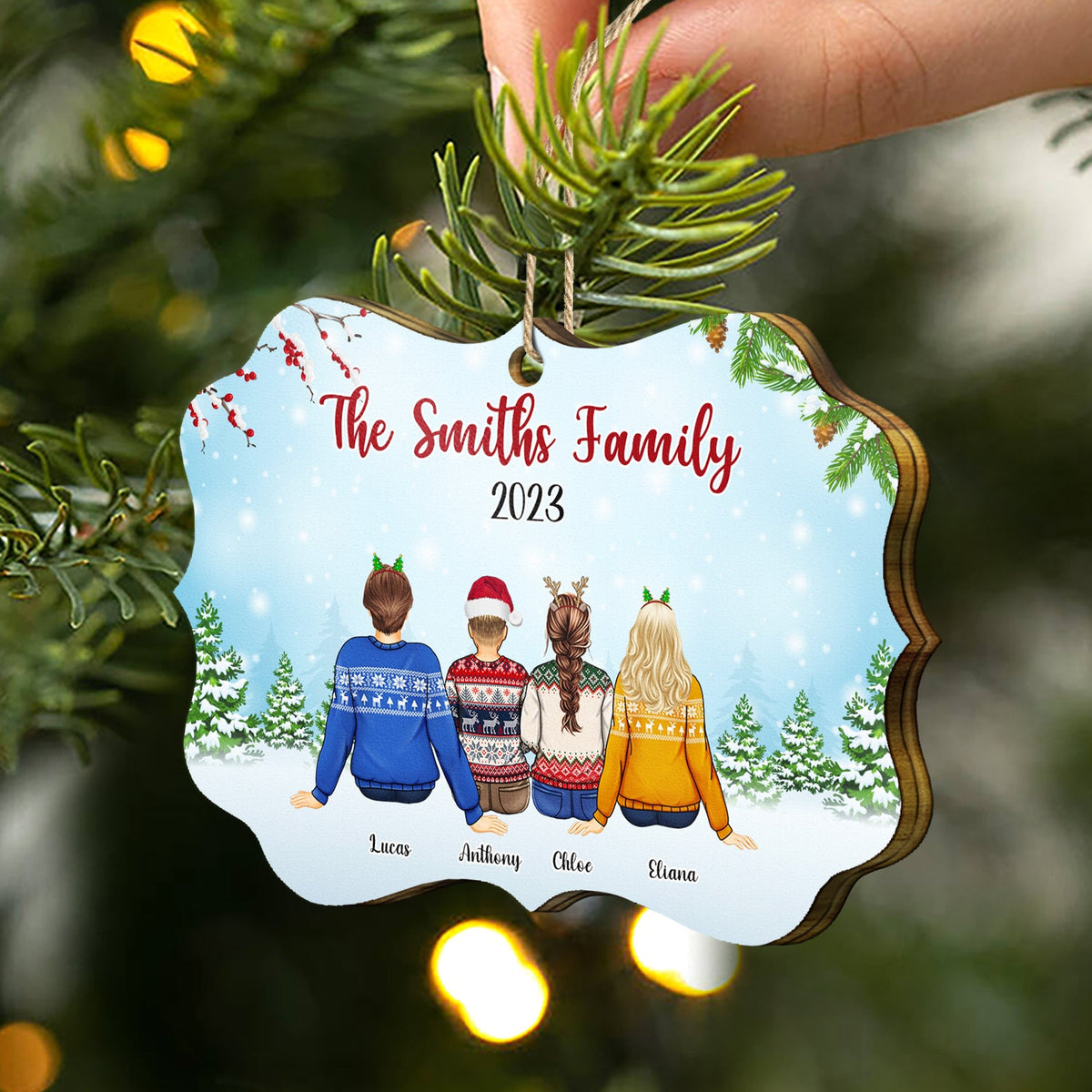 Back Family Snow - Christmas, Gift For Family - Personalized Medallion Wooden Ornament