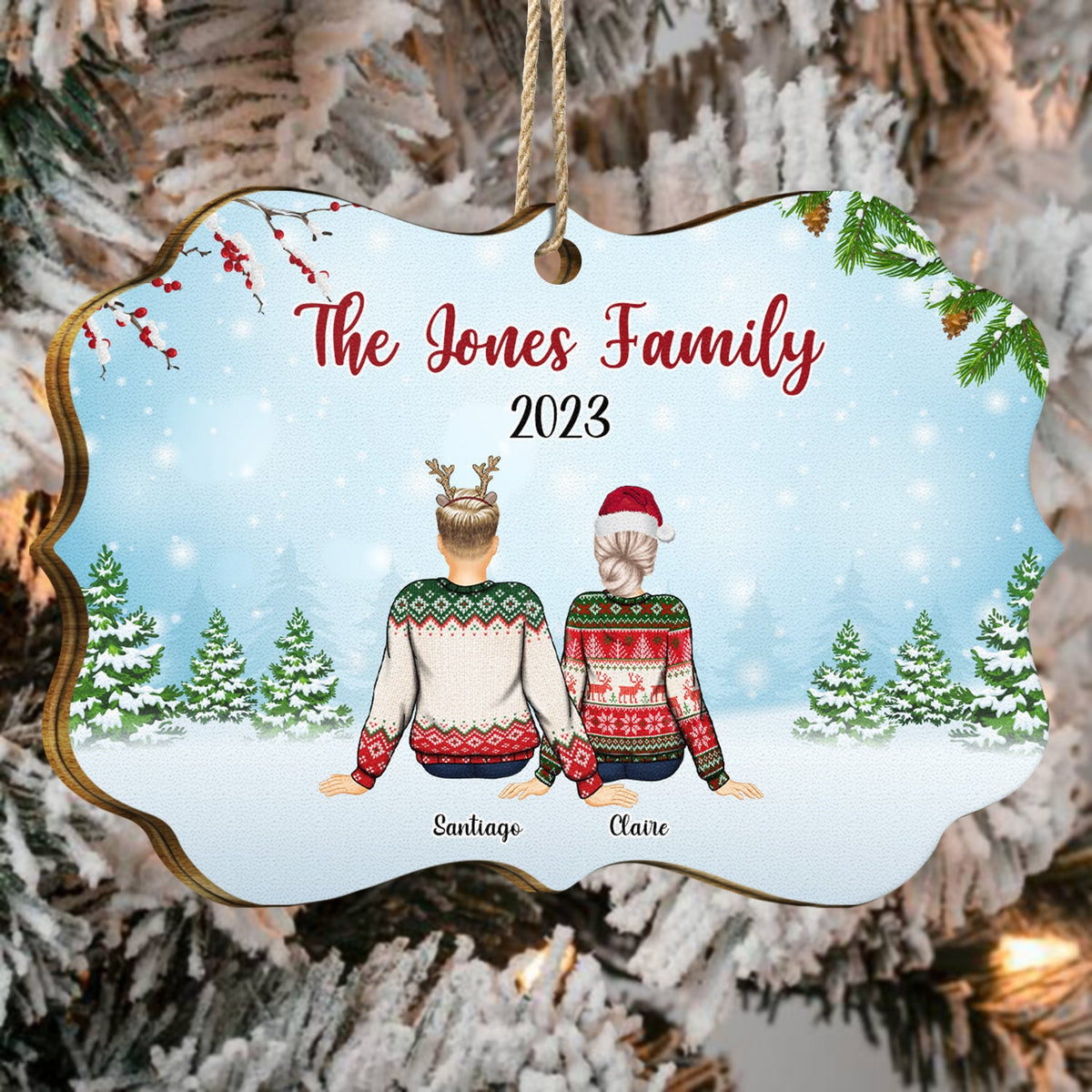 Back Family Snow - Christmas, Gift For Family - Personalized Medallion Wooden Ornament