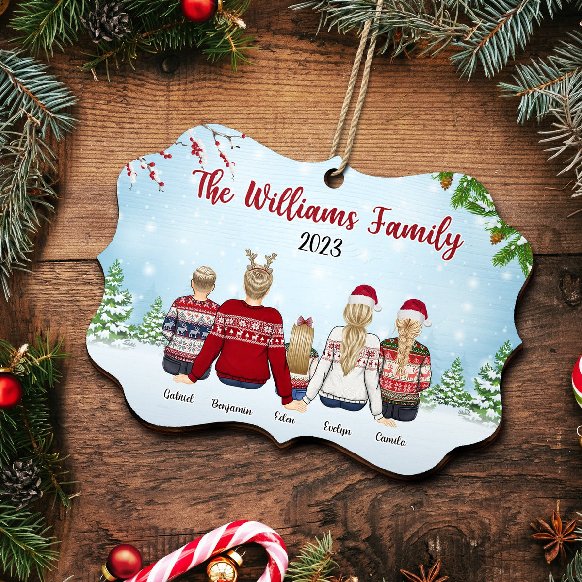 Back Family Snow - Christmas, Gift For Family - Personalized Medallion Wooden Ornament