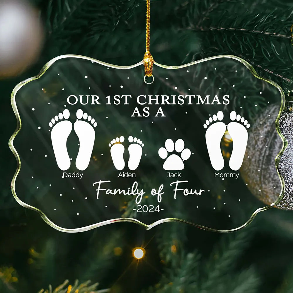First Christmas As A Family Of Four Footprints - Personalized Medallion Glass Ornament