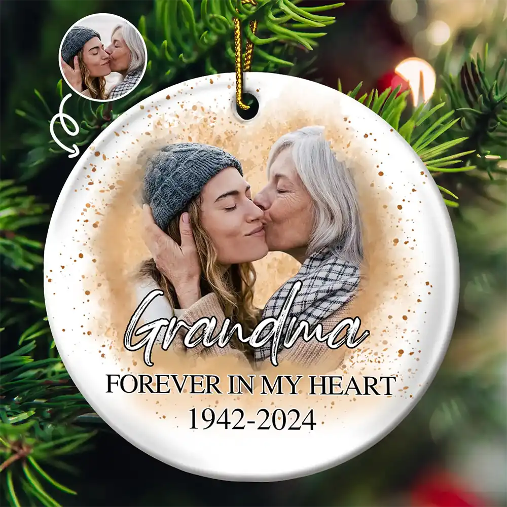 Custom Photo Memorial Grandma And Granddaughter - Personalized Circle Ceramic Ornament