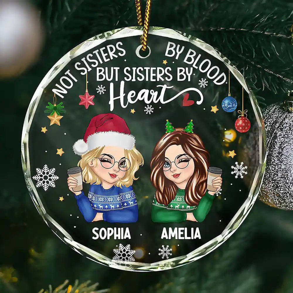 Sisters By Heart Christmas Besties - Personalized Circle Glass Ornament