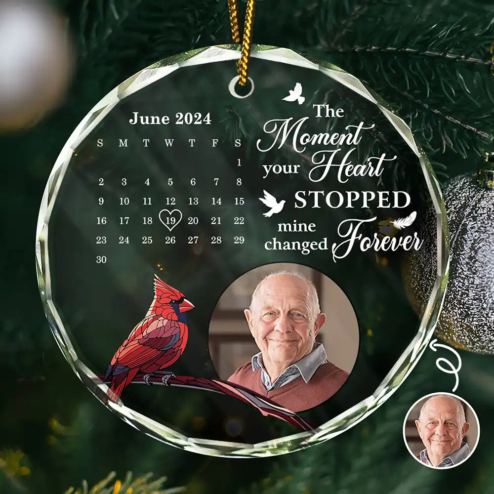 Custom Photo The Moment Your Heart Stopped Calendar Memorial - Personalized Circle Glass Ornament