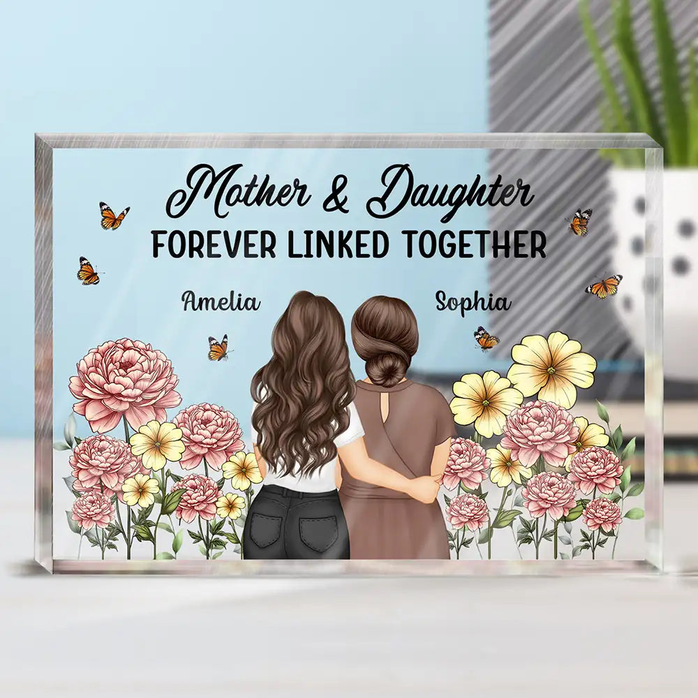 Birth Month Flower Mother And Daughter Forever Linked Together - Personalized Rectangle Shaped Acrylic Plaque