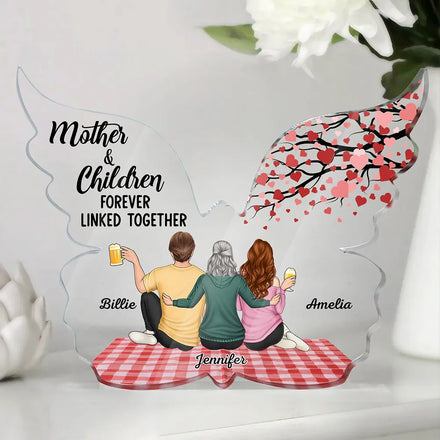 Mother And Children Forever Linked Together - Personalized Butterfly Shaped Acrylic Plaque