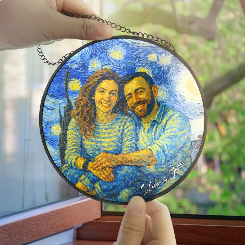 Gift For Couples,Gift For Husband,Gift For Wife,Gift For Boyfriend,Gift For Girlfriend,Custom Photo,Love - Custom Photo Couple Under The Starry Night - Personalized Stained Glass Window Hanging Suncatcher