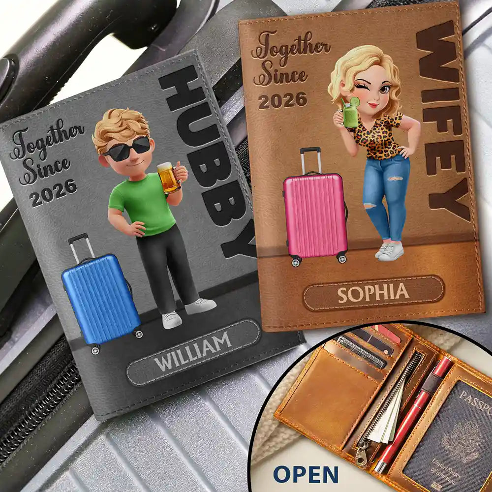 Gift For Couples,Old Couples,Gift For Husband,Gift For Wife,Gift For Boyfriend,Gift For Girlfriend,Travel,Happy - Hubby Wifey Together Turban Couple - Personalized Combo 2 Leather Passport Holders