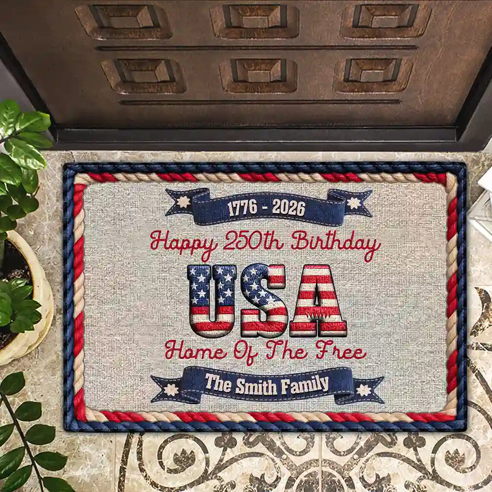 Family,Parents,Gift For Grandparents,Happy - Stars And Stripes Happy USA 250Th Birthday Embroidery Effect - Personalized Doormat