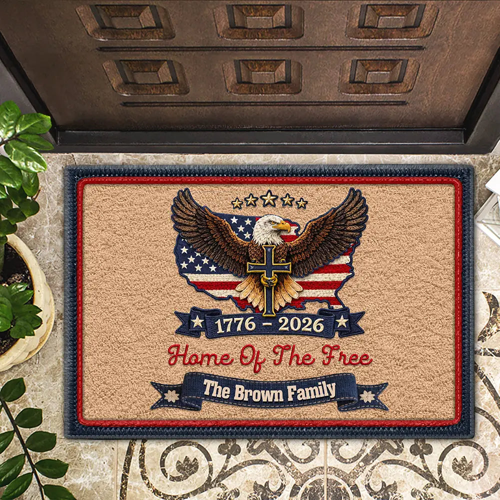 Family,Happy,Parents,Gift For Grandparents - Faux Embroidery Effect Stars And Stripes Happy USA 250Th Birthday - Personalized Doormat