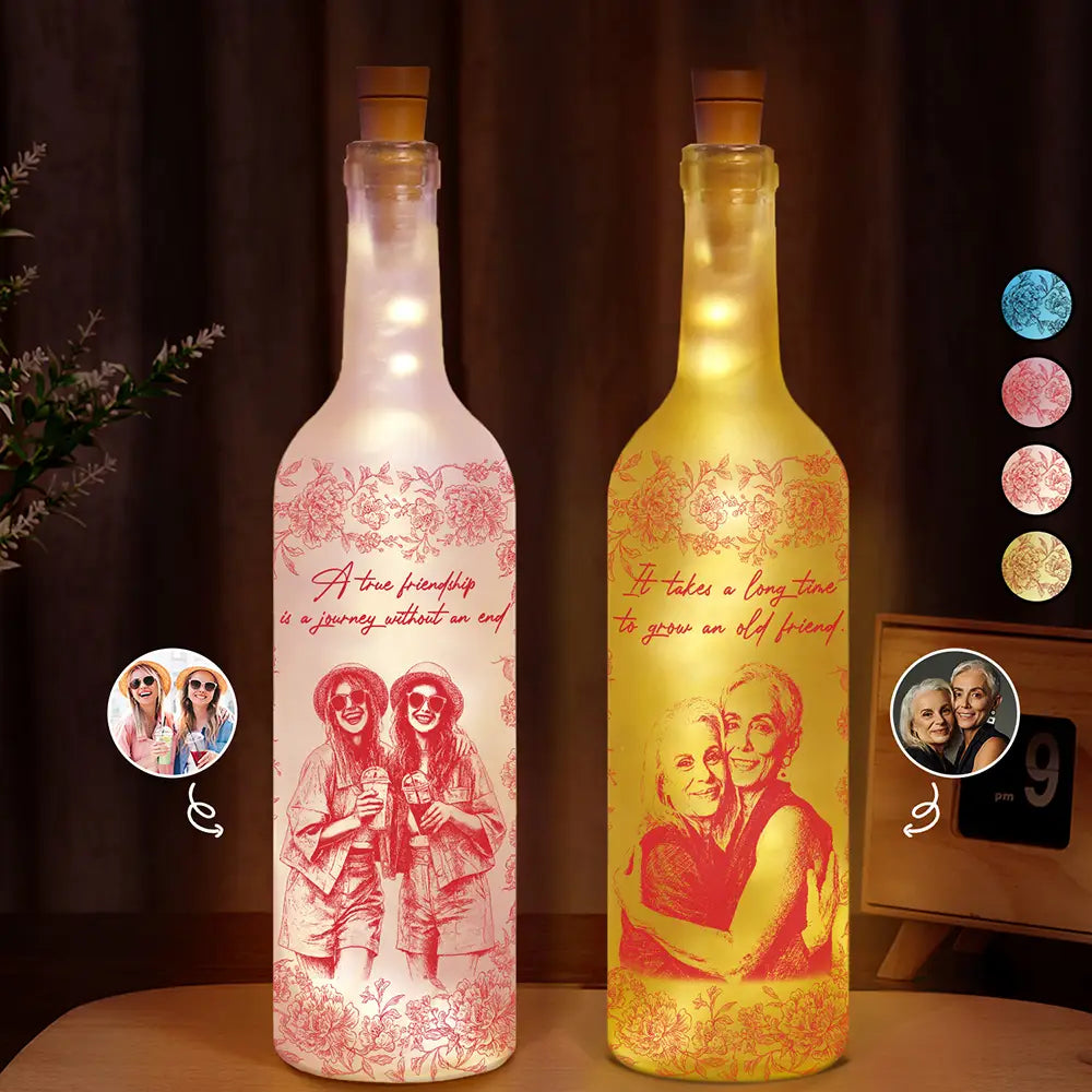 Custom Photo Pencil Sketch A True Friendship Is A Journey Without An End - Personalized Bottle Light