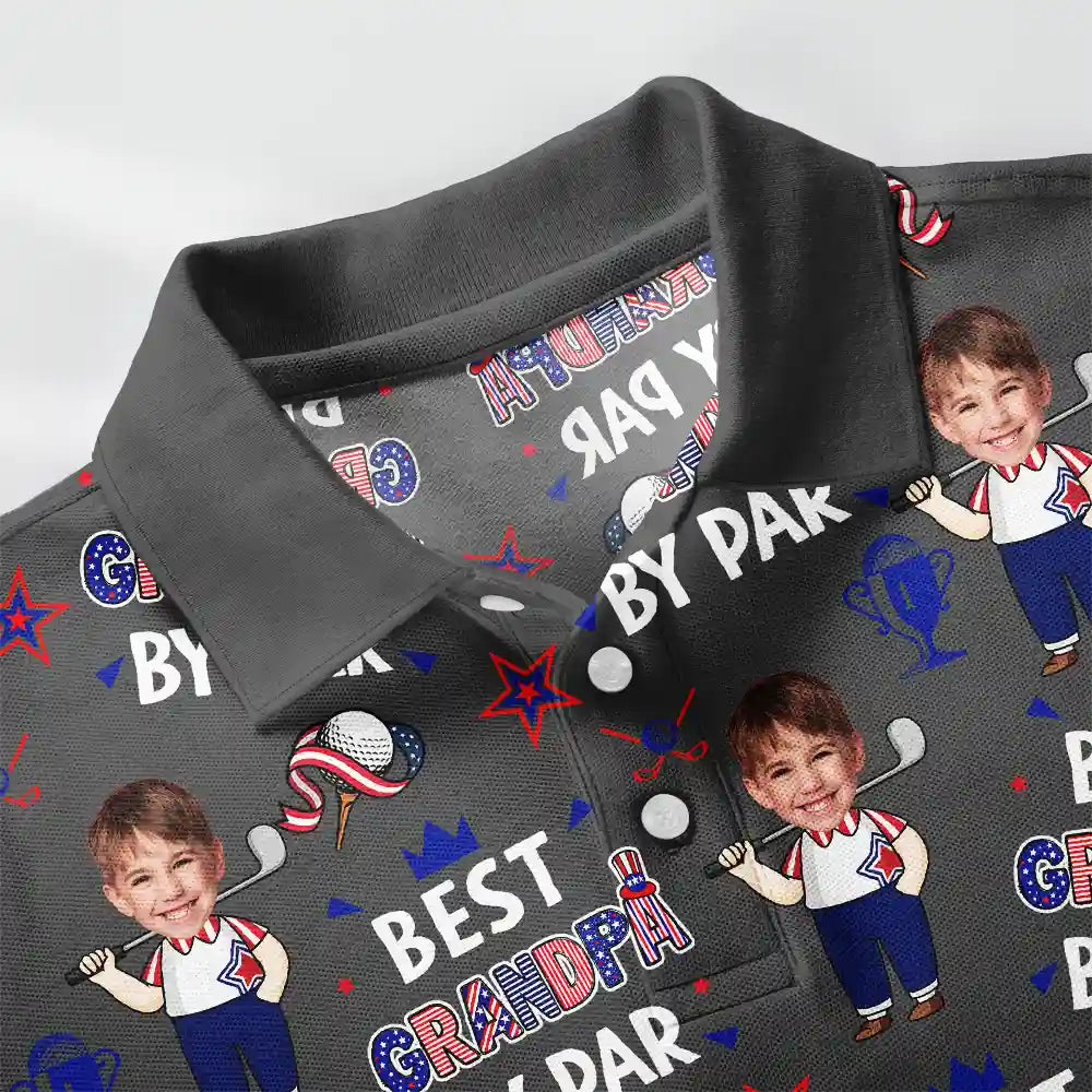 Golf,Gift For Father,Gift For Grandpa,Gift For Mother,Gift For Grandma,Happy,Independence Day,Photo,Icon,Humorous - Custom Photo Stars & Stripes Best Dad Grandpa By Par - Personalized Polo Shirt
