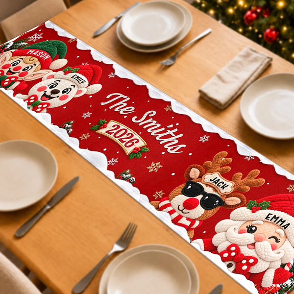 Christmas,Family,Happy,Icon - Christmas Table Decor Gift For Family - Personalized Faux Chenille Effect Santa Snowman Reindeer Table Runner
