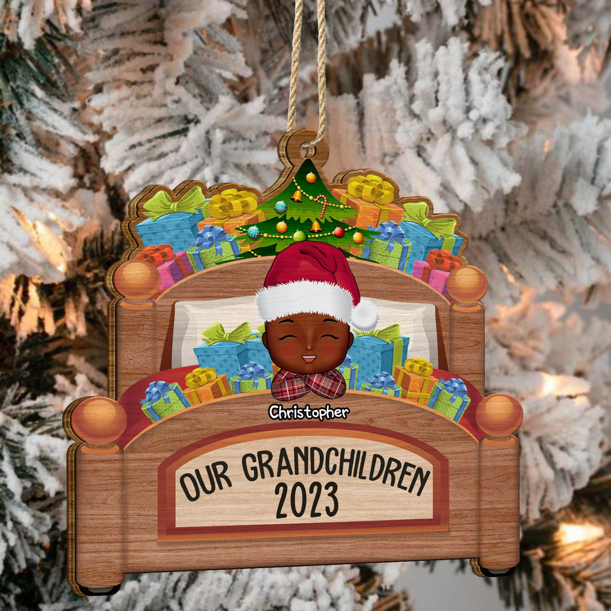 Grandkids In Bed - Christmas, Loving Gift For Grandpa, Grandma, Grandparents - Personalized Custom Shaped Wooden Ornament