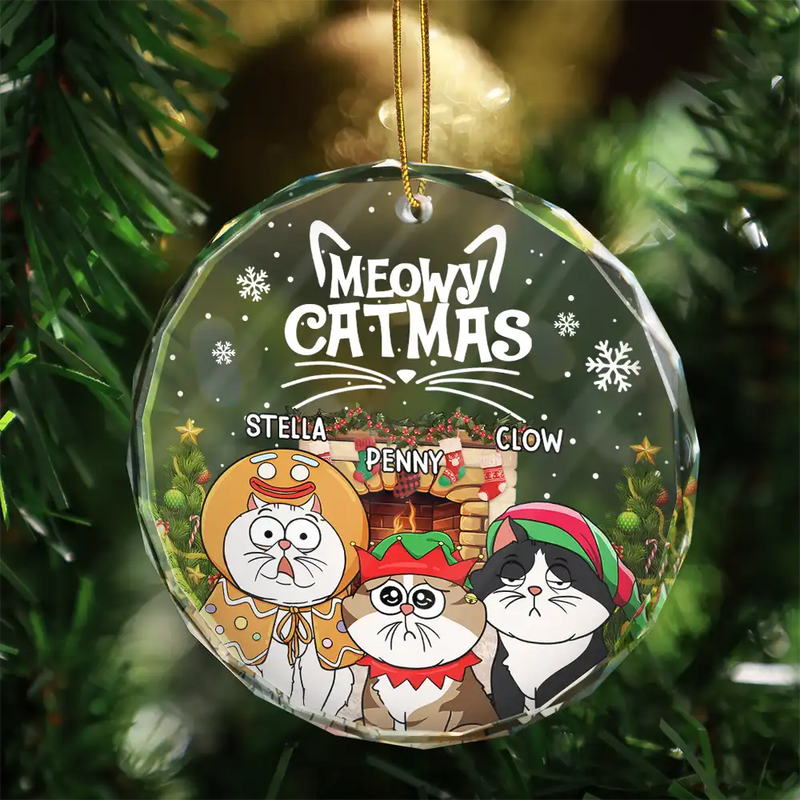 Meowy Catmas Funny Cartoon Cats - Personalized Circle Glass Ornament