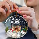 Meowy Catmas Funny Cartoon Cats - Personalized Circle Glass Ornament
