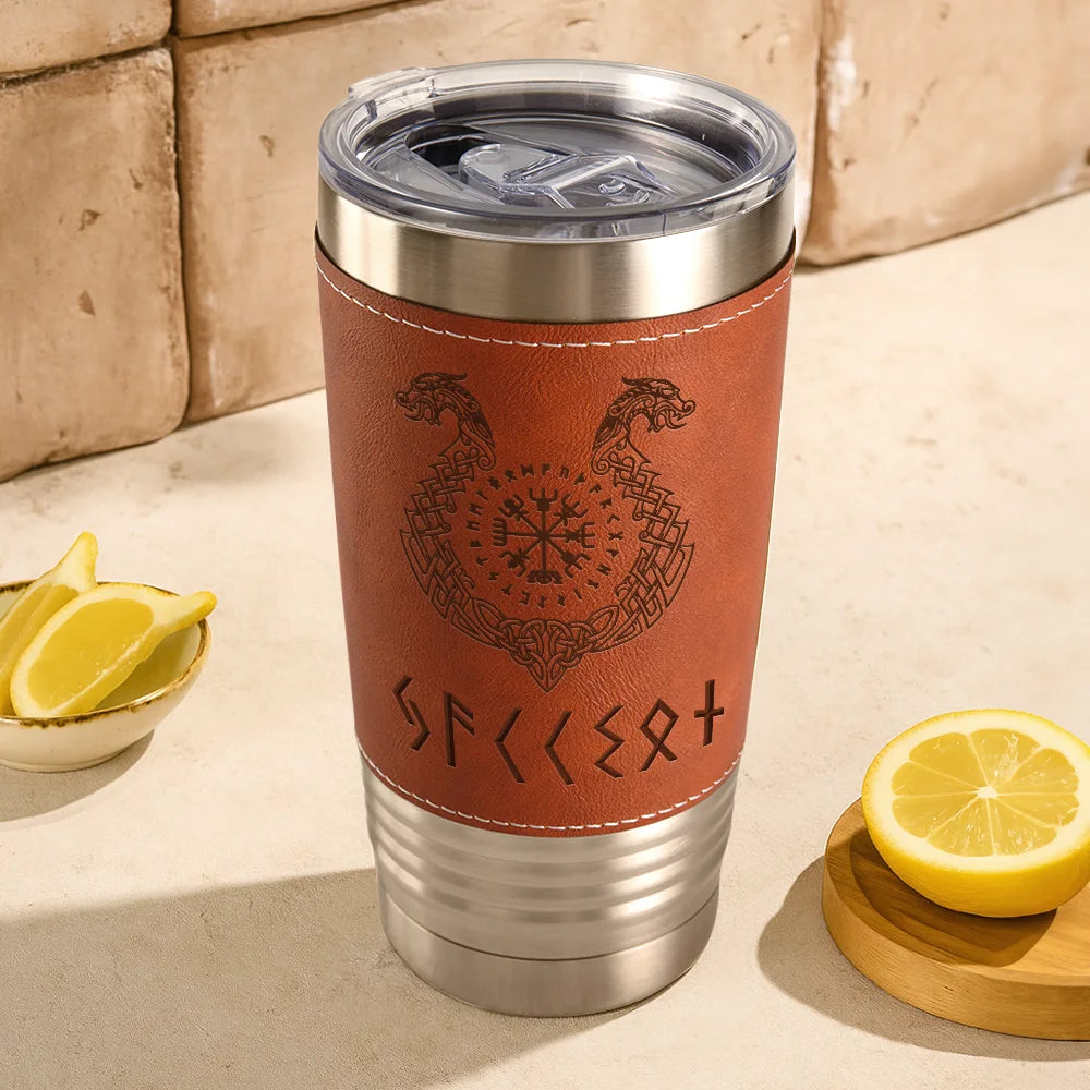 Gift For Women,Gift For Men,Gift For Yourself,Happy - Name In Viking Runes - Personalized Leather Tumbler