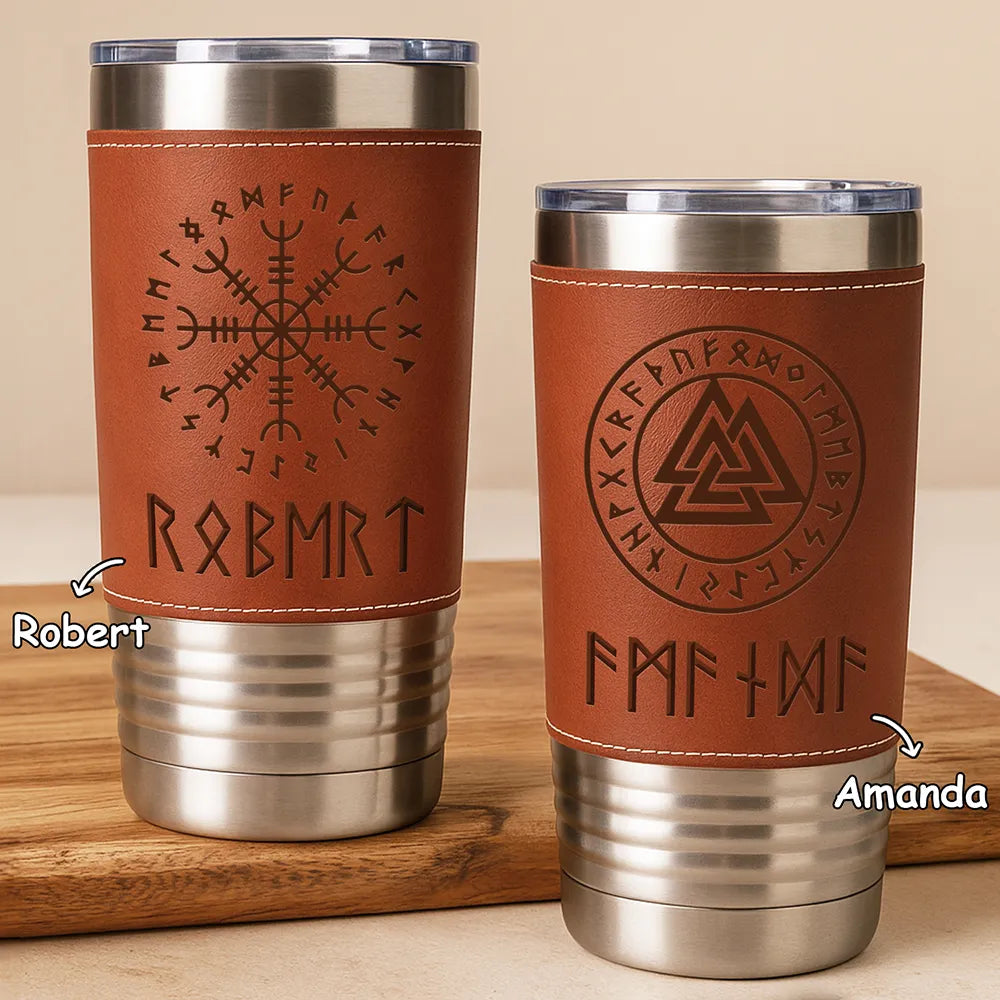 Gift For Women,Gift For Men,Gift For Yourself,Happy - Name In Viking Runes - Personalized Leather Tumbler