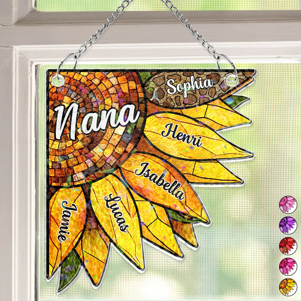Happy, Gift For Grandma, Gift For Mother, Gift For Wife, Gift For Women, Gift For Yourself - Nana Auntie Mom Family Sunflower - Personalized Window Corner Suncatcher