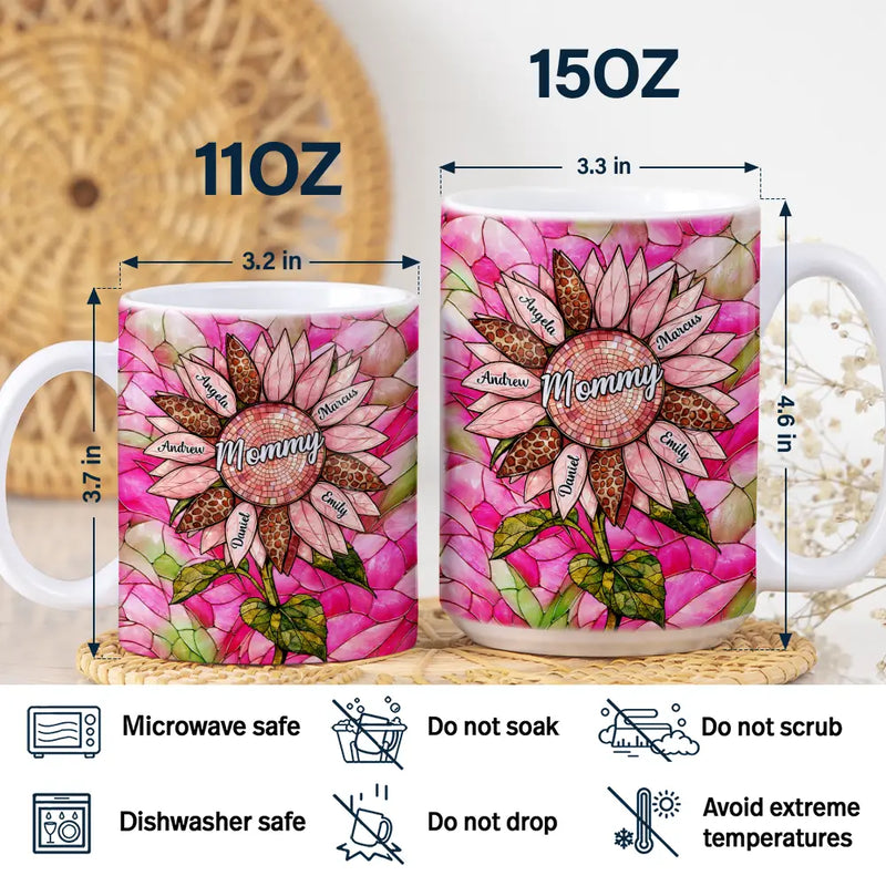 Gift For Mother,Gift For Grandma,Love - Nana Auntie Mom Family Sunflower - Stained Glass Effect - Personalized White Edge-to-Edge Mug