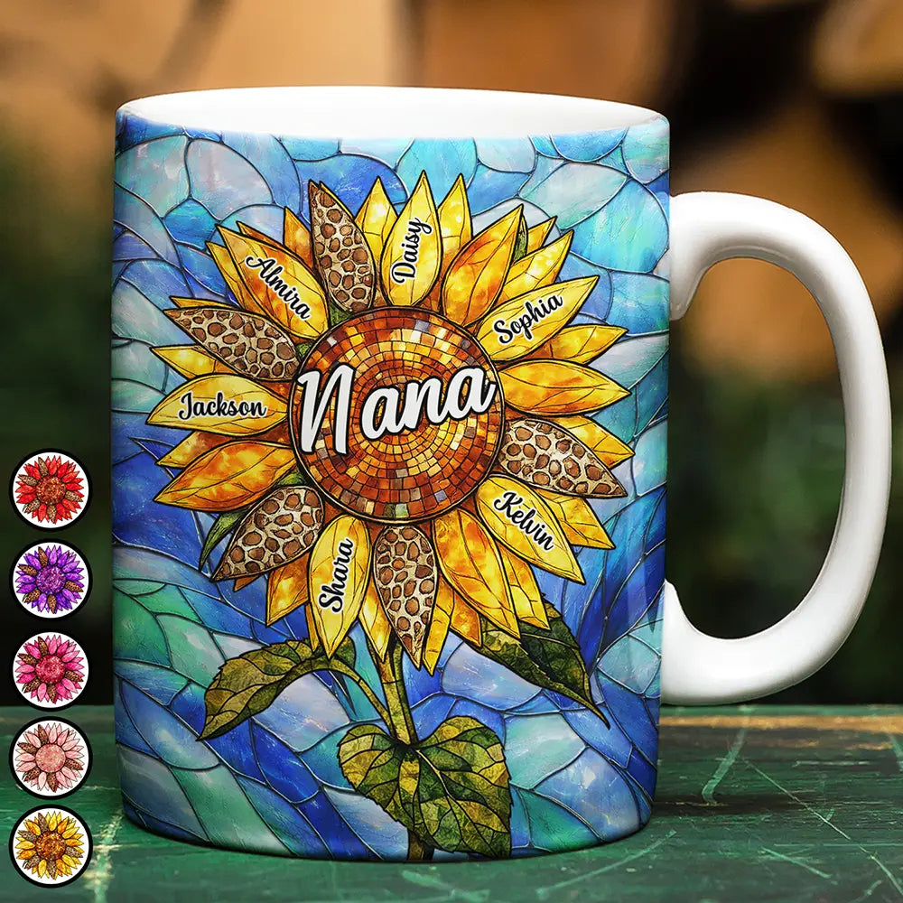 Gift For Mother,Gift For Grandma,Love - Nana Auntie Mom Family Sunflower - Stained Glass Effect - Personalized White Edge-to-Edge Mug