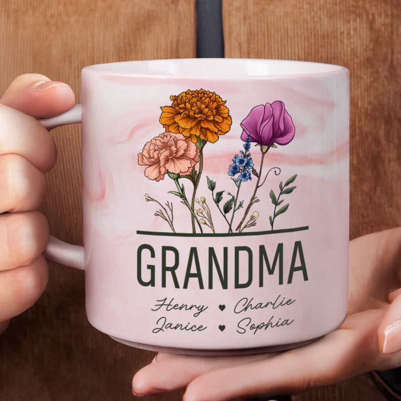 Gift For Grandma,Gift For Mother,Gift For Wife,Happy - Nana Grandma Mom Birth Flowers - Personalized Marble Mug