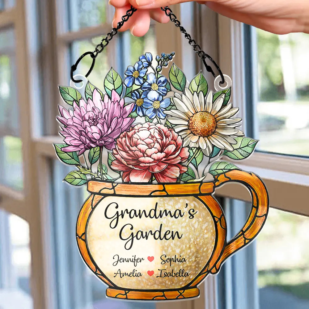 Gift For Grandma,Grandma - Grandkids,Happy - Nana Grandma's Garden Birth Month Flower - Personalized Window Hanging Suncatcher Ornament