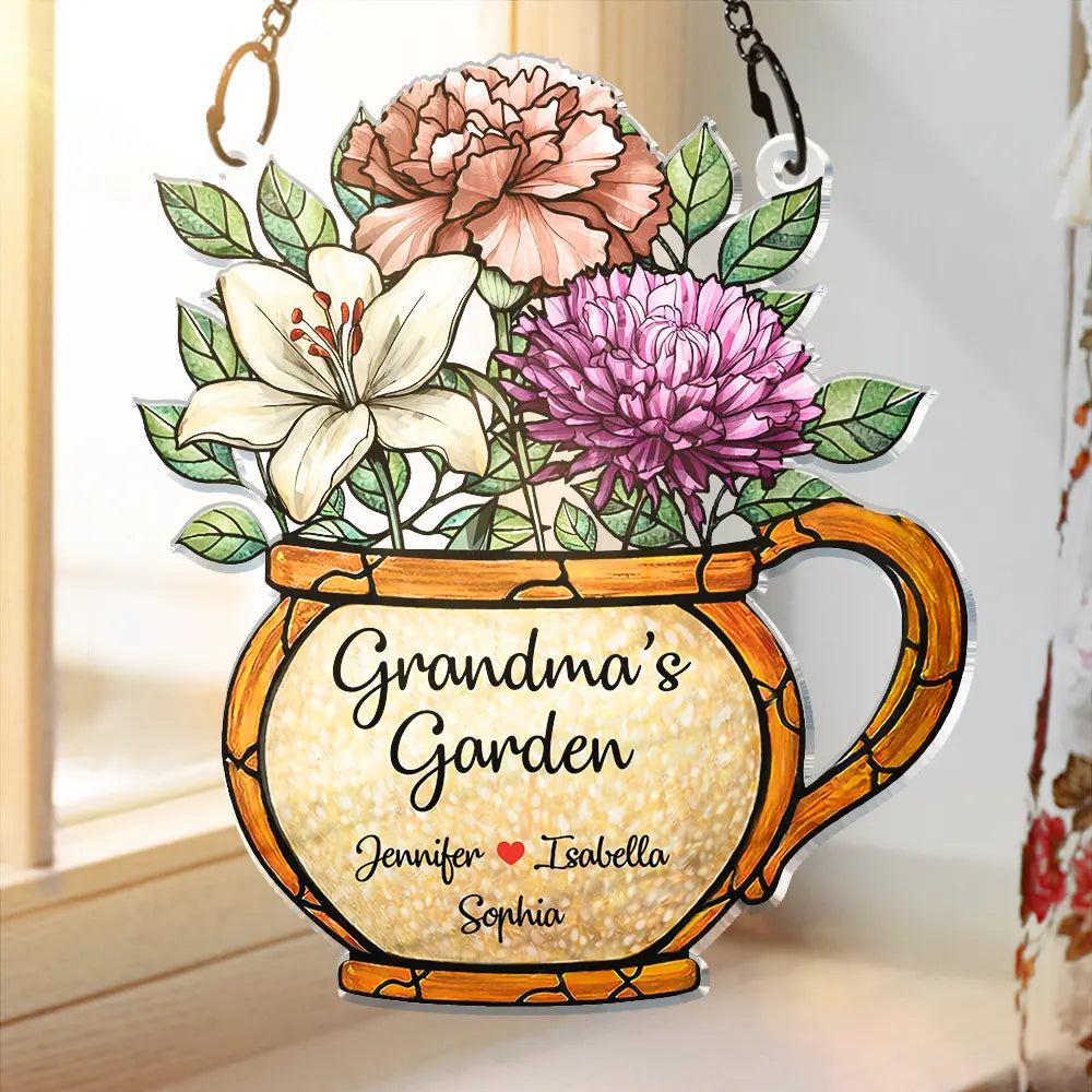 Nana Grandma's Garden Birth Month Flower - Personalized Window Hanging Suncatcher Ornament