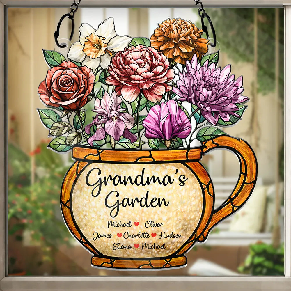 Nana Grandma's Garden Birth Month Flower - Personalized Window Hanging Suncatcher Ornament