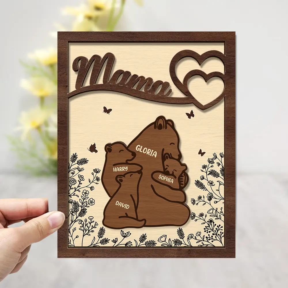 Gift For Mother,Gift For Grandma - Nana Mama Bear - Personalized 2-Layered Wooden Plaque With Stand