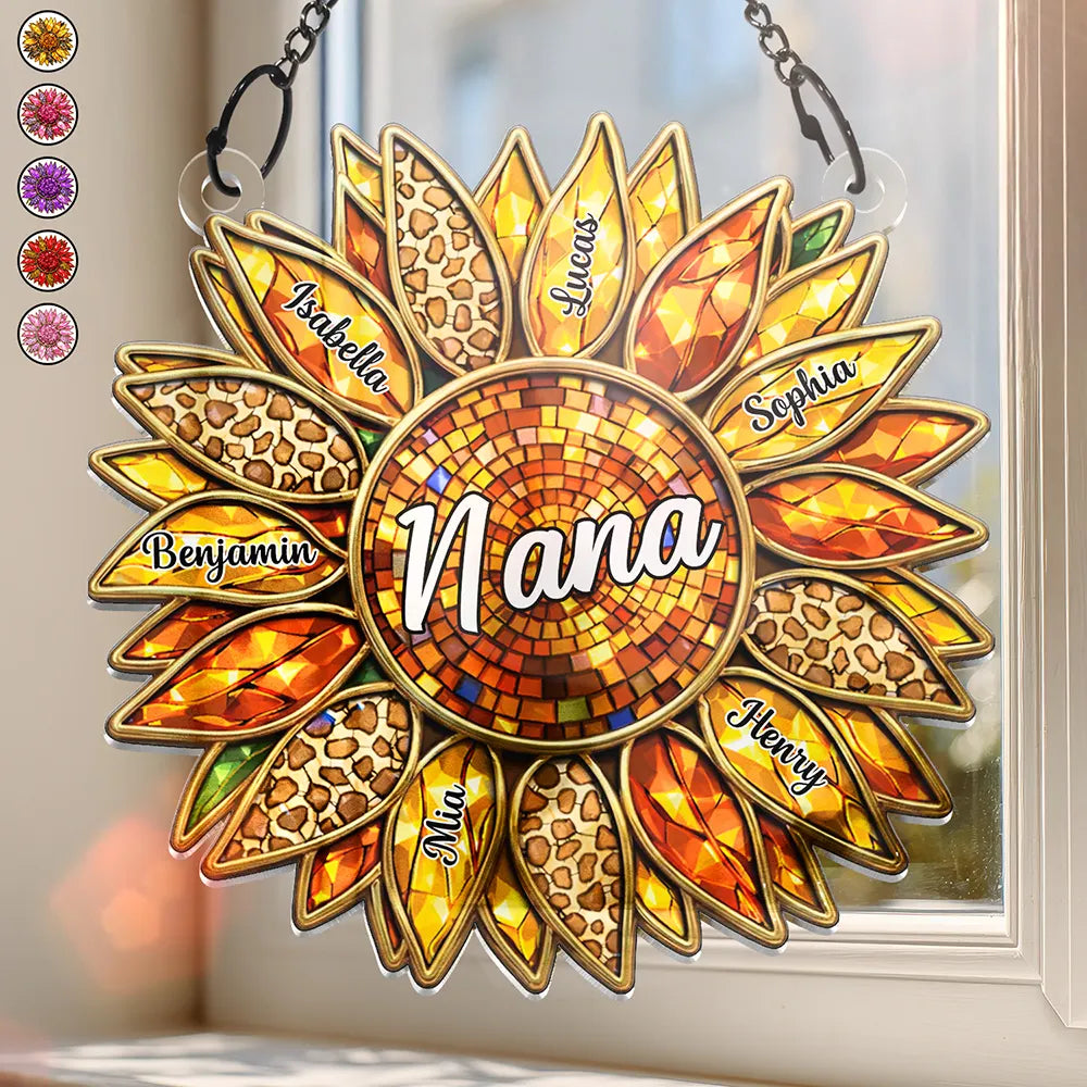 Nana Mom Granny Mimi Family Sunflower - Personalized Window Hanging Suncatcher Ornament
