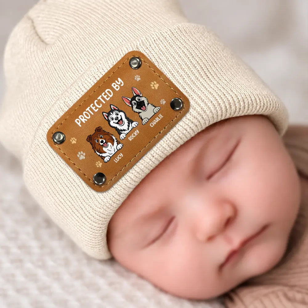 New Baby Protected By Pets Gift For New Mom New Dad New Baby - Personalized Beanie With Leather Patch