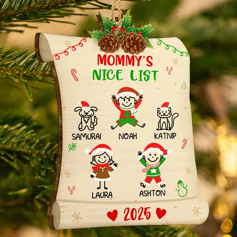 Christmas,Gift For Grandma,Grandma,Grandkids,Mom,Children,Stick Figure - Nice List Of Grandma Mommy - Personalized Custom Shaped Wooden Ornament