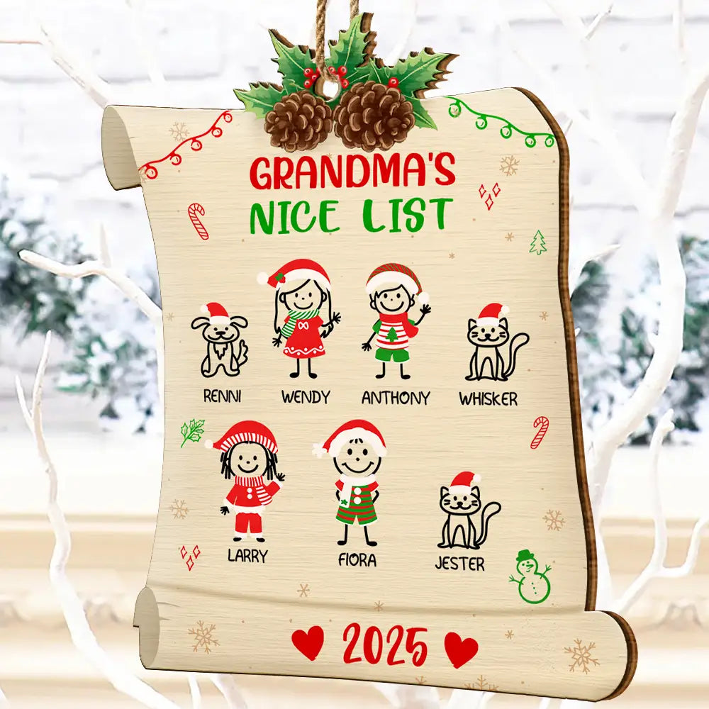 Christmas,Gift For Grandma,Grandma,Grandkids,Mom,Children,Stick Figure - Nice List Of Grandma Mommy - Personalized Custom Shaped Wooden Ornament