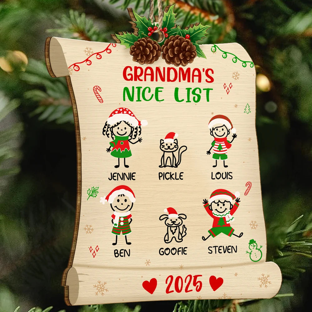 Christmas,Gift For Grandma,Grandma,Grandkids,Mom,Children,Stick Figure - Nice List Of Grandma Mommy - Personalized Custom Shaped Wooden Ornament