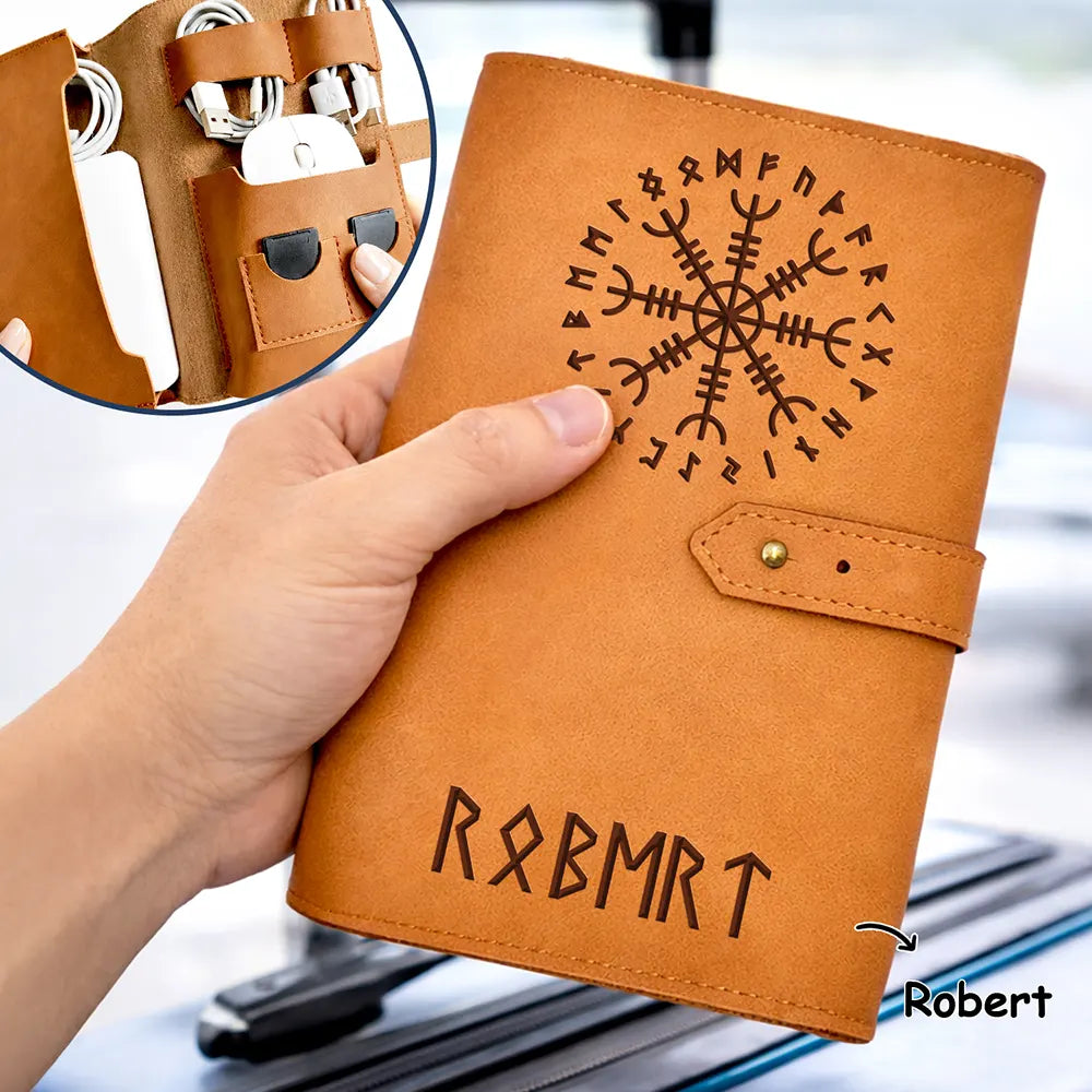 Gift For Women, Gift For Men, Gift For Yourself, Happy - Norse Mythology Viking Runes - Personalized Leather Cable Bag
