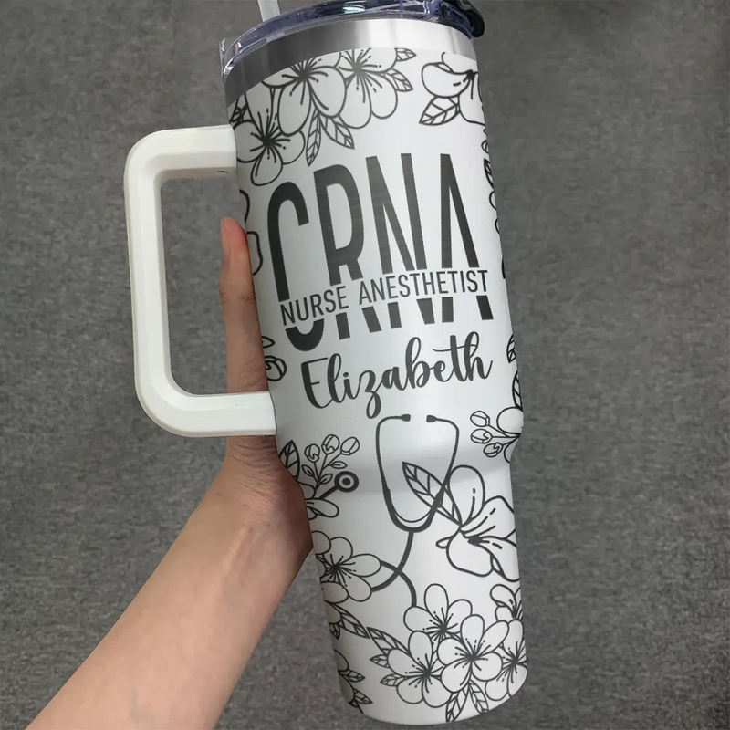 Nurse, Happy - Nurse Job Title Flower Pattern - Personalized Engraved 40oz Tumbler