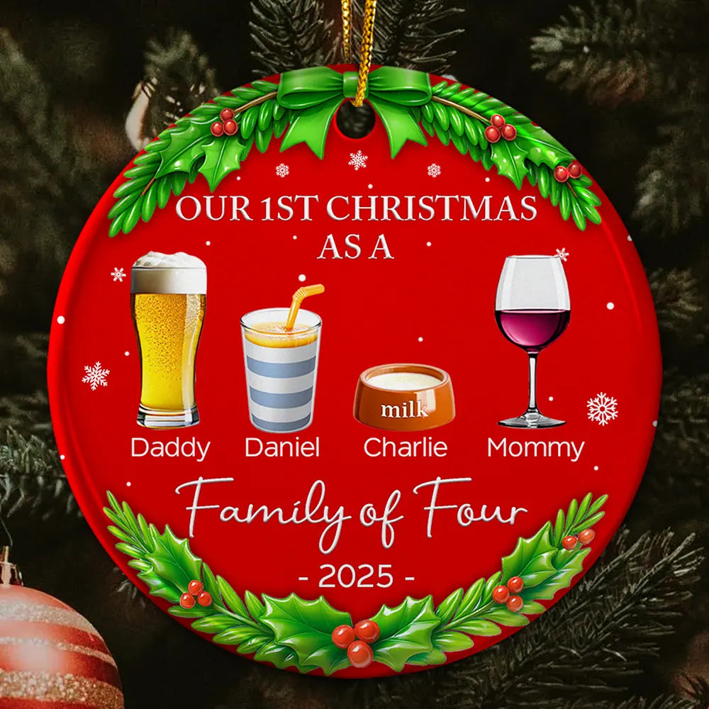 Our 1st Christmas As A Family Drinks - Personalized Circle Ceramic Ornament
