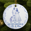 Christmas,Romantic,Gift For Couples,Vector - Our First Christmas As Mr & Mrs Wedding Couple Dog Cat Pet Toilet - Personalized Circle Ceramic Ornament