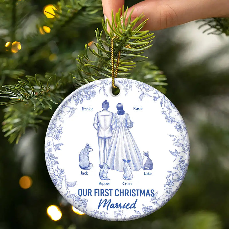Christmas,Romantic,Gift For Couples,Vector - Our First Christmas As Mr & Mrs Wedding Couple Dog Cat Pet Toilet - Personalized Circle Ceramic Ornament