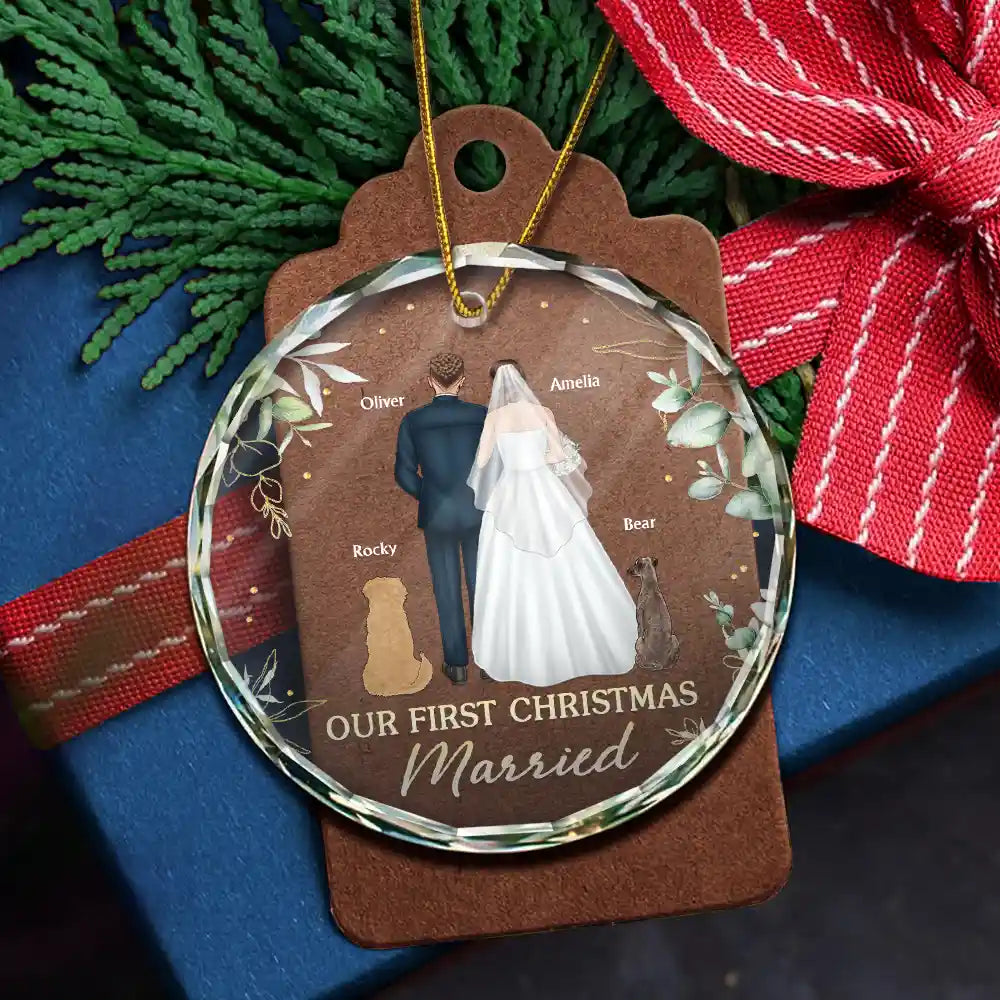Love,Christmas,Gift For Couples,Wedding,Wedding Anniversary,Engaged,Married ,Pet Lovers,Pet Couple,Dog Lovers,Cat Lovers - Our First Christmas As Mr & Mrs Wedding Couple Pet - Personalized Circle Glass Ornament
