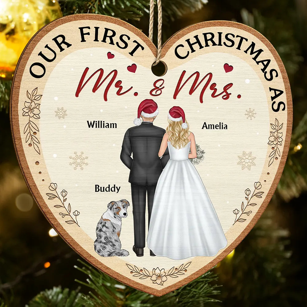 Our First Christmas As Mr & Mrs Wedding Couple Pet - Personalized Custom Shaped Wooden Ornament