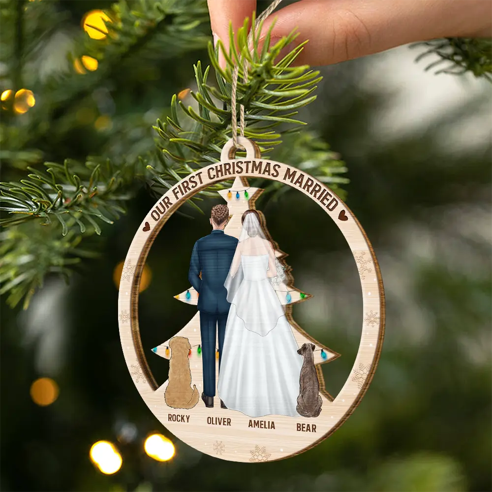 Love,Christmas,Gift For Couples,Wedding,Wedding Anniversary,Engaged,Married ,Pet Lovers,Pet Couple,Dog Lovers,Cat Lovers - Our First Christmas As Mr & Mrs Wedding Couple Pet - Personalized Custom Shaped Wooden Ornament