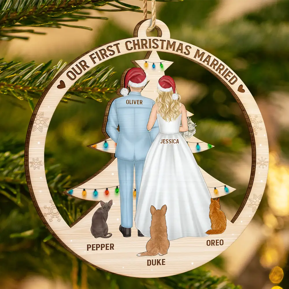 Love,Christmas,Gift For Couples,Wedding,Wedding Anniversary,Engaged,Married ,Pet Lovers,Pet Couple,Dog Lovers,Cat Lovers - Our First Christmas As Mr & Mrs Wedding Couple Pet - Personalized Custom Shaped Wooden Ornament