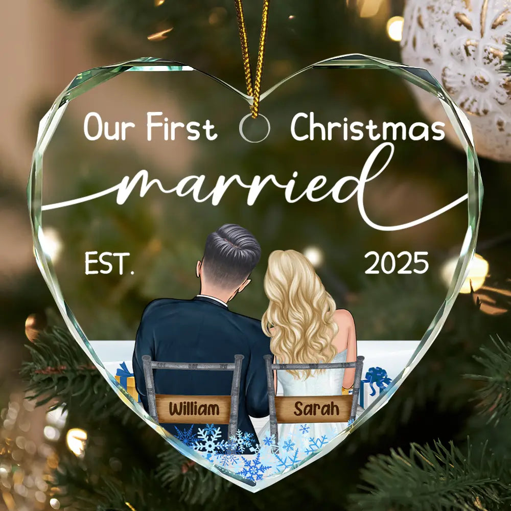 Our First Christmas Married Couples - Personalized Heart Shaped Glass Ornament